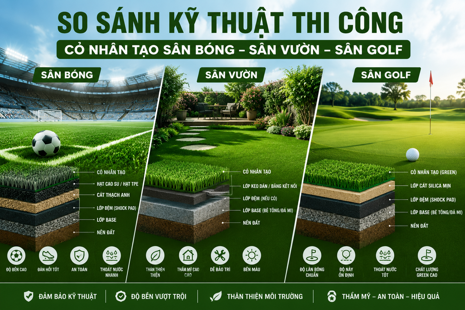 So sánh kỹ thuật thi công Cỏ nhân tạo sân bóng, sân vườn, sân golf
