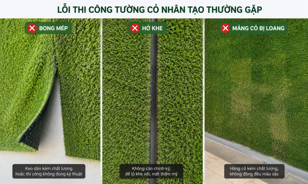 Gợi ý: ảnh minh họa lỗi thi công bong mép, hở khe hoặc mảng cỏ bị loang. Kích thước: 1000x600px.