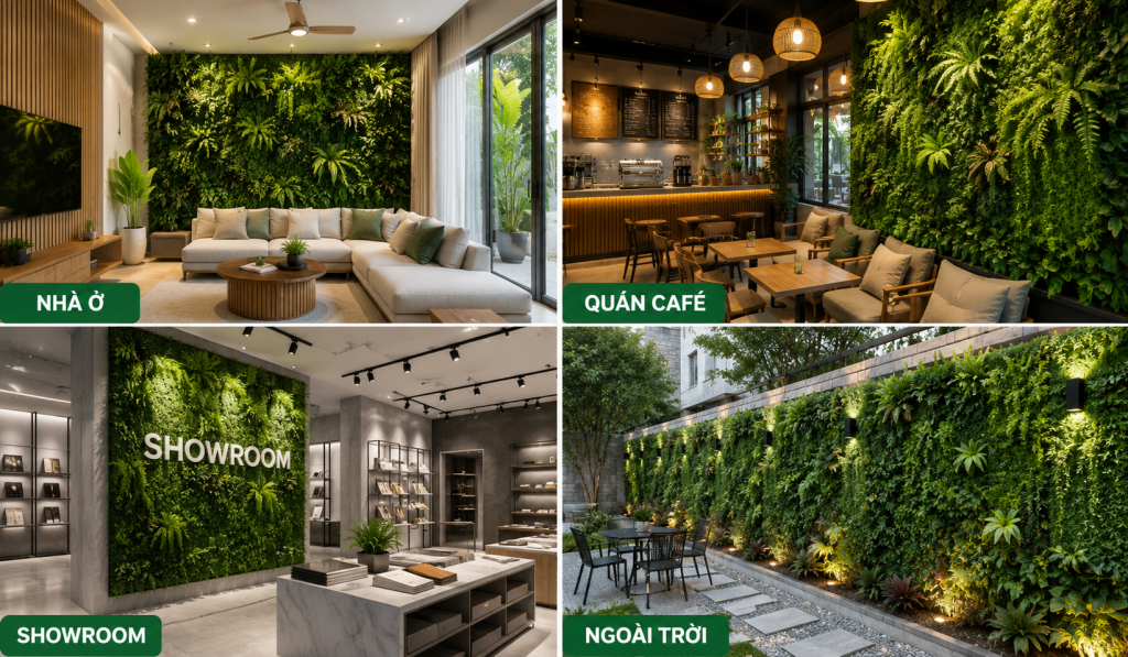 collage 4 không gian: nhà ở, quán café, showroom, ngoài trời. Kích thước: 1200x700px.